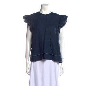 Fabiana Pigna Crew Neck Top Blouse Shirt Womens XS Blue Short Sleeve Linen Boho